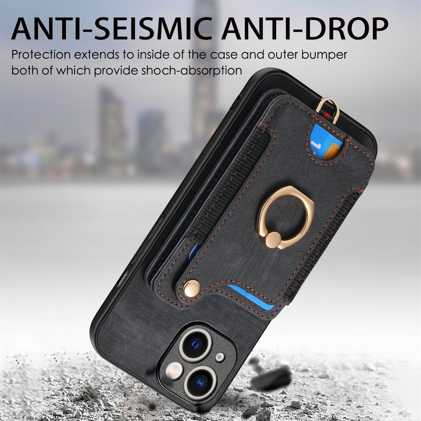 ELECTROPRIME For iPhone 15 Retro Skin-feel Ring Multi-card Wallet Phone Case(Black)