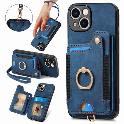ELECTROPRIME For iPhone 15 Retro Skin-feel Ring Multi-card Wallet Phone Case(Blue)