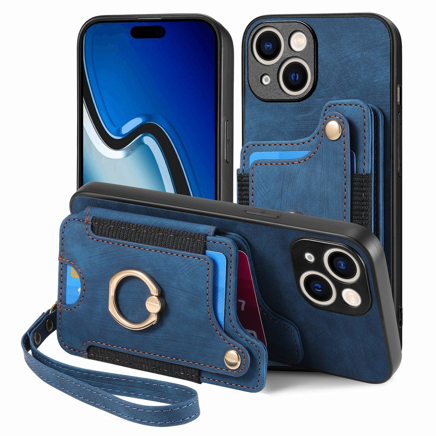 ELECTROPRIME For iPhone 15 Retro Skin-feel Ring Multi-card Wallet Phone Case(Blue)
