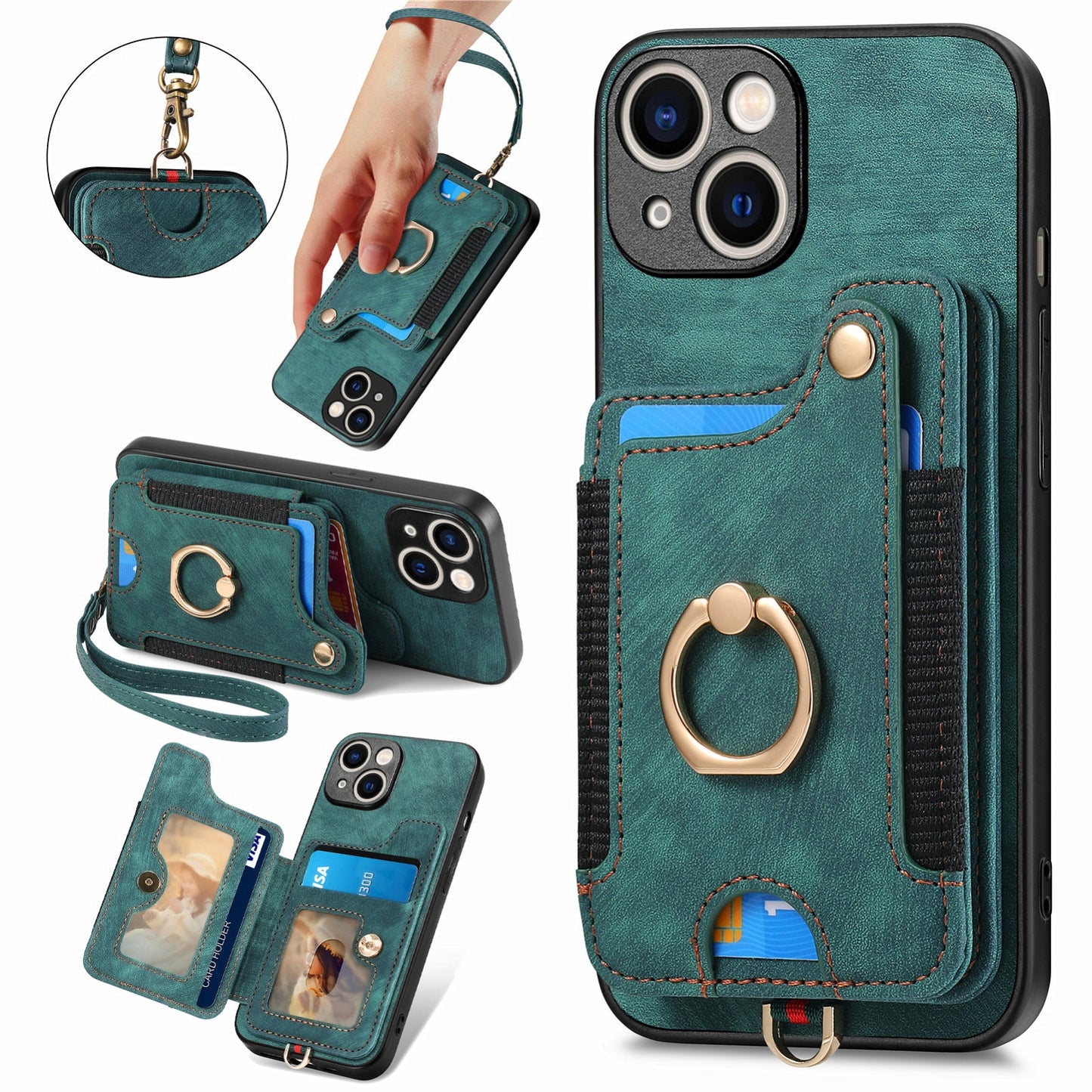 ELECTROPRIME For iPhone 15 Retro Skin-feel Ring Multi-card Wallet Phone Case(Green)