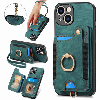 ELECTROPRIME For iPhone 15 Retro Skin-feel Ring Multi-card Wallet Phone Case(Green)