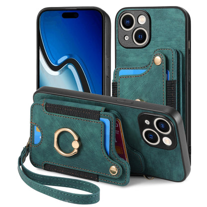 ELECTROPRIME For iPhone 15 Retro Skin-feel Ring Multi-card Wallet Phone Case(Green)