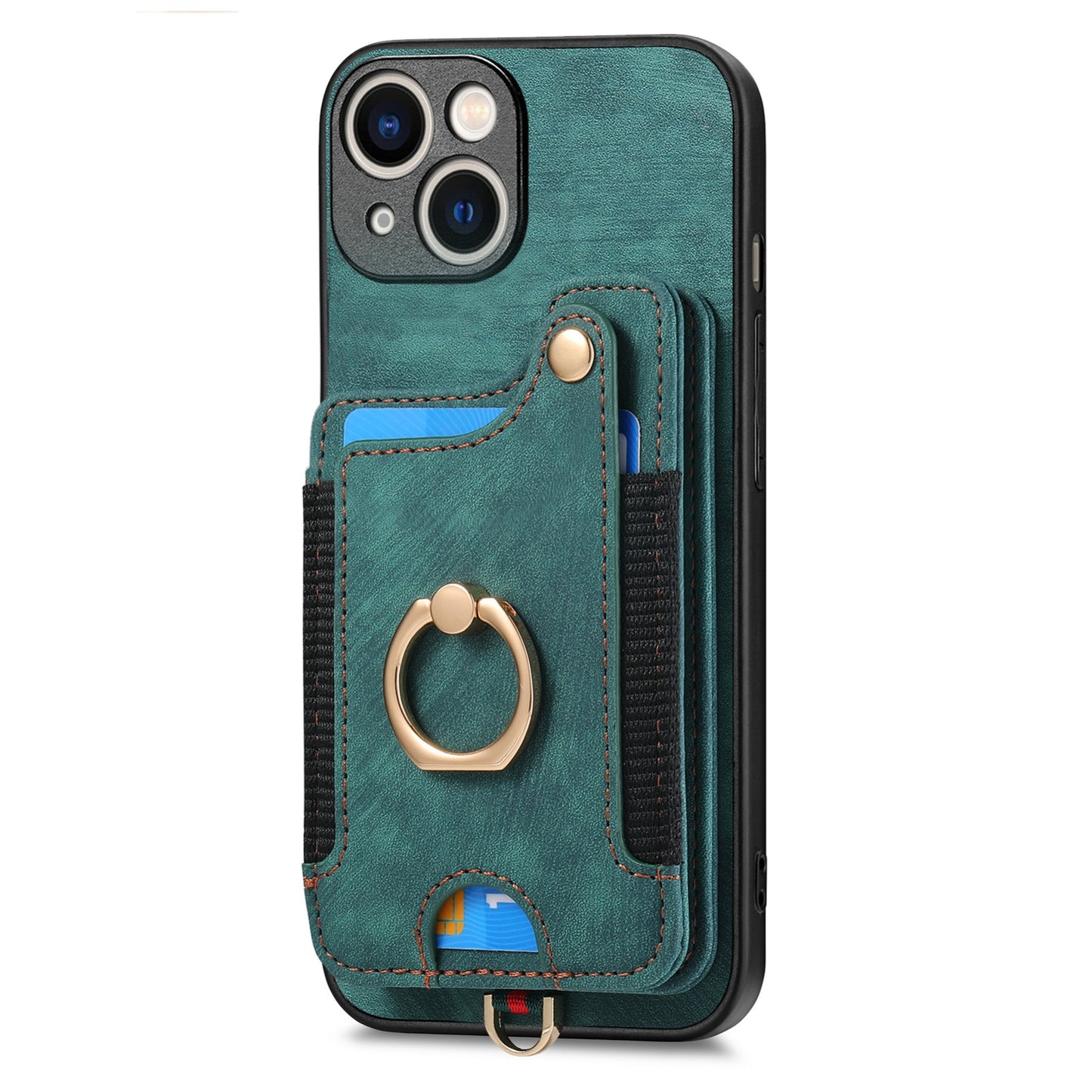 ELECTROPRIME For iPhone 15 Retro Skin-feel Ring Multi-card Wallet Phone Case(Green)