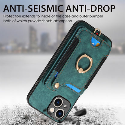 ELECTROPRIME For iPhone 15 Retro Skin-feel Ring Multi-card Wallet Phone Case(Green)