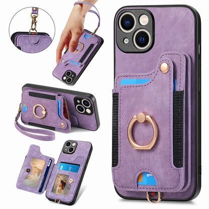 ELECTROPRIME For iPhone 15 Retro Skin-feel Ring Multi-card Wallet Phone Case(Purple)