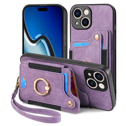 ELECTROPRIME For iPhone 15 Retro Skin-feel Ring Multi-card Wallet Phone Case(Purple)