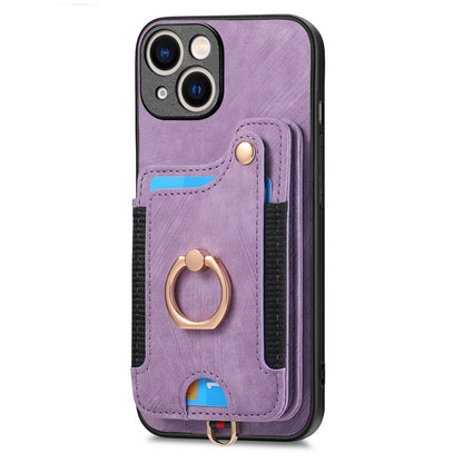 ELECTROPRIME For iPhone 15 Retro Skin-feel Ring Multi-card Wallet Phone Case(Purple)