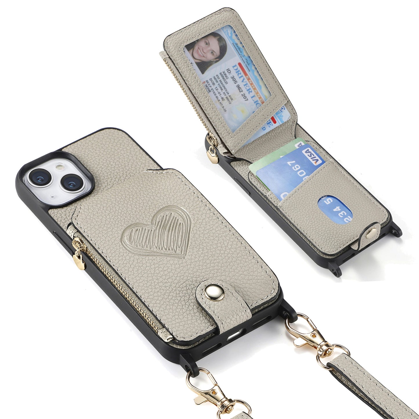 ELECTROPRIME For iPhone 15 Crossbody Love Zipper Leather Back Phone Case(White)