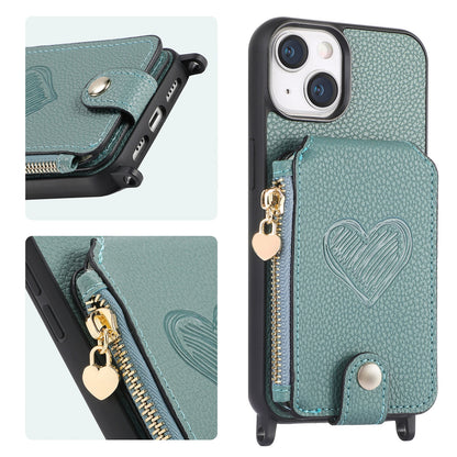 ELECTROPRIME For iPhone 15 Crossbody Love Zipper Leather Back Phone Case(Green)