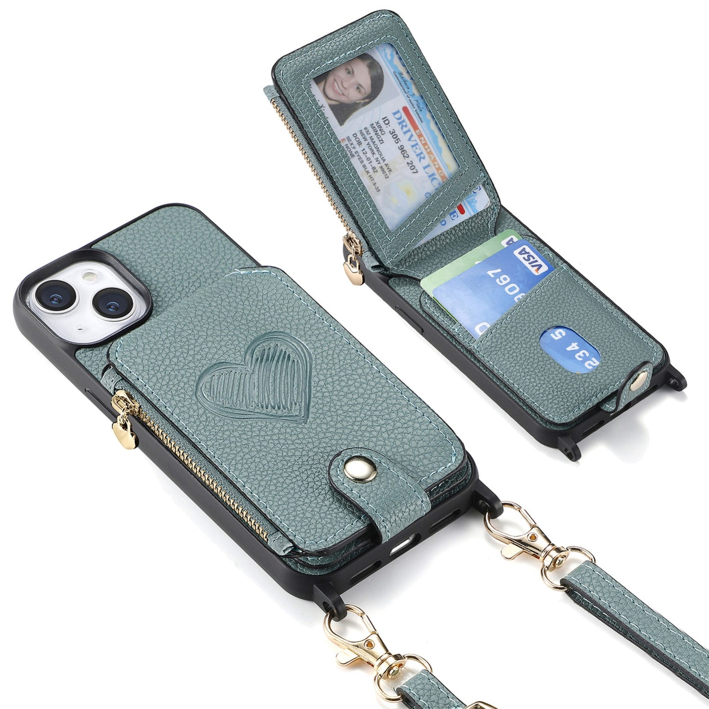 ELECTROPRIME For iPhone 15 Crossbody Love Zipper Leather Back Phone Case(Green)