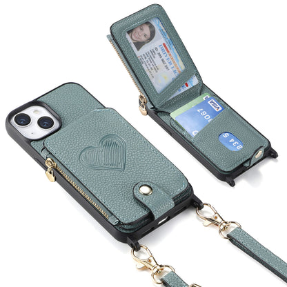 ELECTROPRIME For iPhone 15 Crossbody Love Zipper Leather Back Phone Case(Green)
