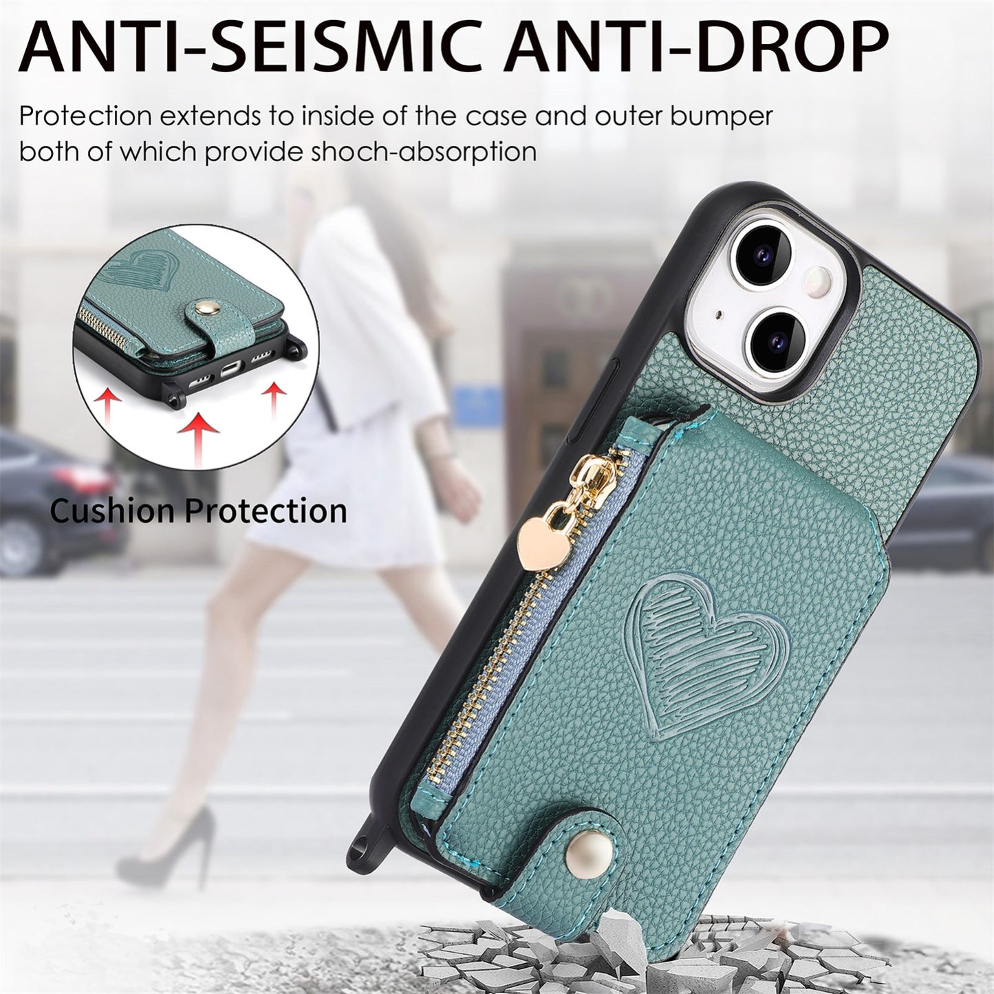 ELECTROPRIME For iPhone 15 Crossbody Love Zipper Leather Back Phone Case(Green)