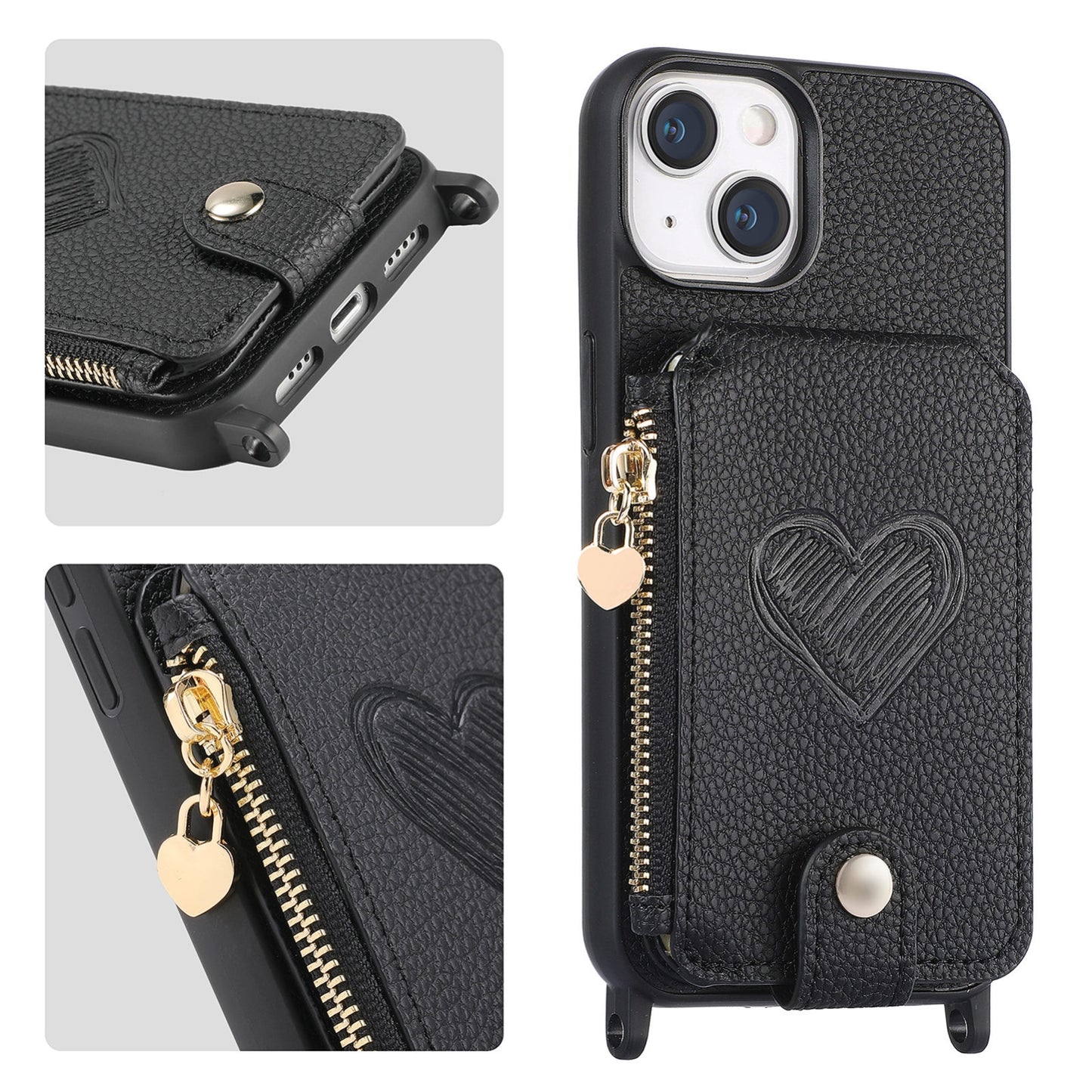 ELECTROPRIME For iPhone 15 Crossbody Love Zipper Leather Back Phone Case(Black)