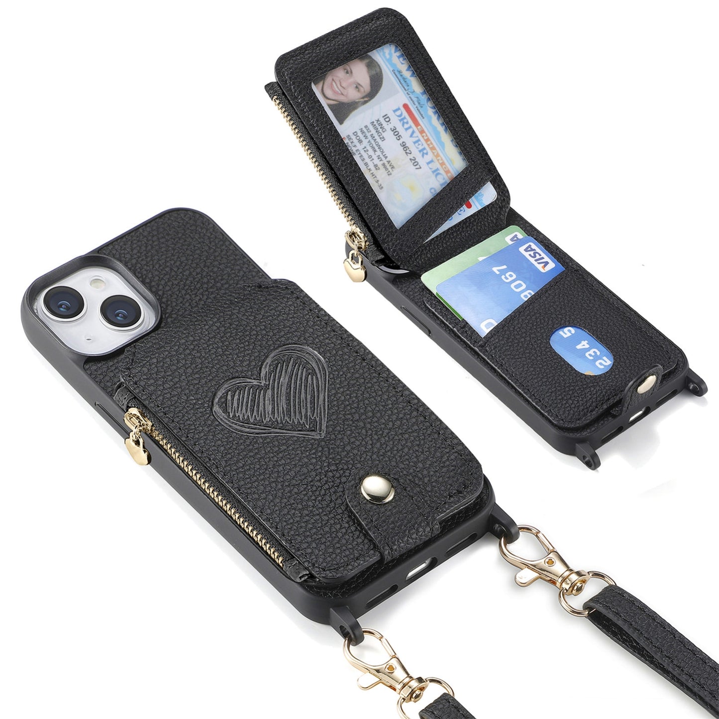 ELECTROPRIME For iPhone 15 Crossbody Love Zipper Leather Back Phone Case(Black)