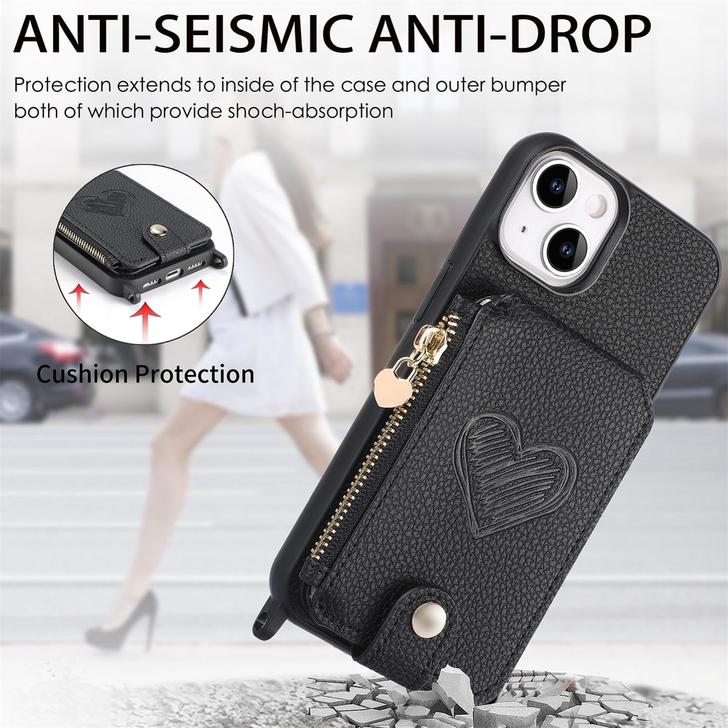 ELECTROPRIME For iPhone 15 Crossbody Love Zipper Leather Back Phone Case(Black)