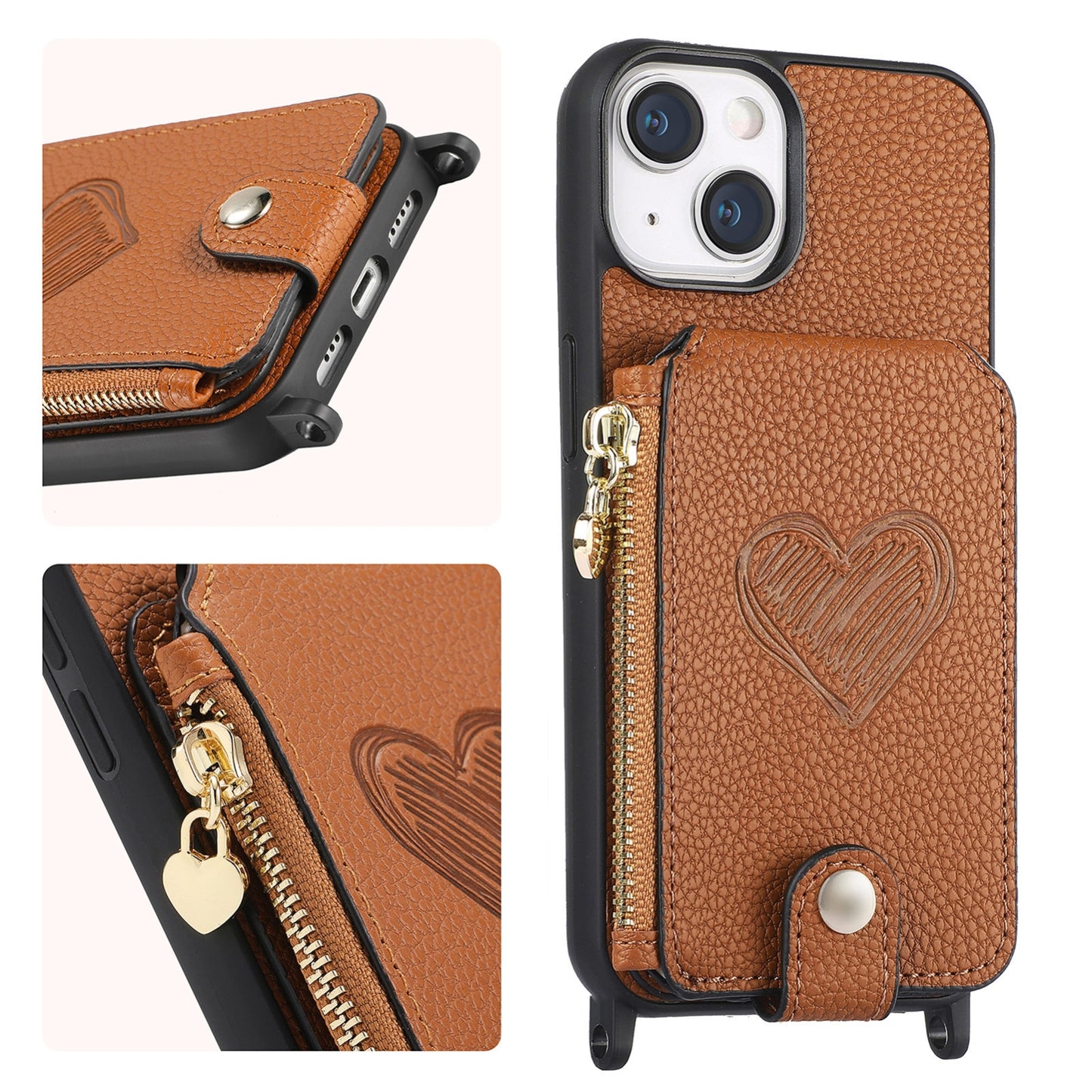 ELECTROPRIME For iPhone 15 Crossbody Love Zipper Leather Back Phone Case(Brown)