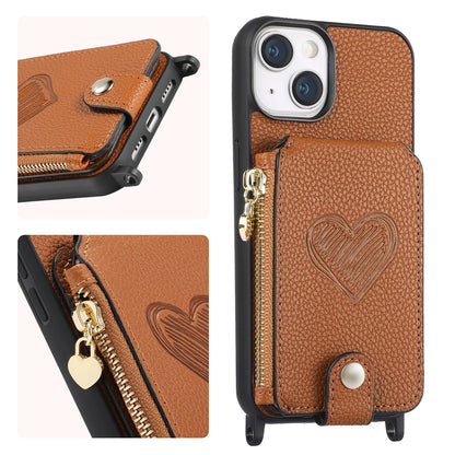 ELECTROPRIME For iPhone 15 Crossbody Love Zipper Leather Back Phone Case(Brown)