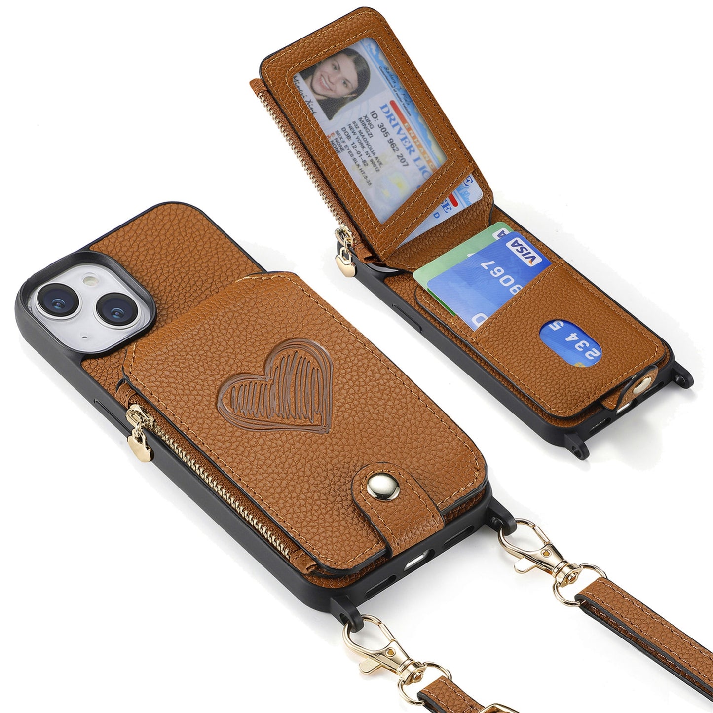 ELECTROPRIME For iPhone 15 Crossbody Love Zipper Leather Back Phone Case(Brown)