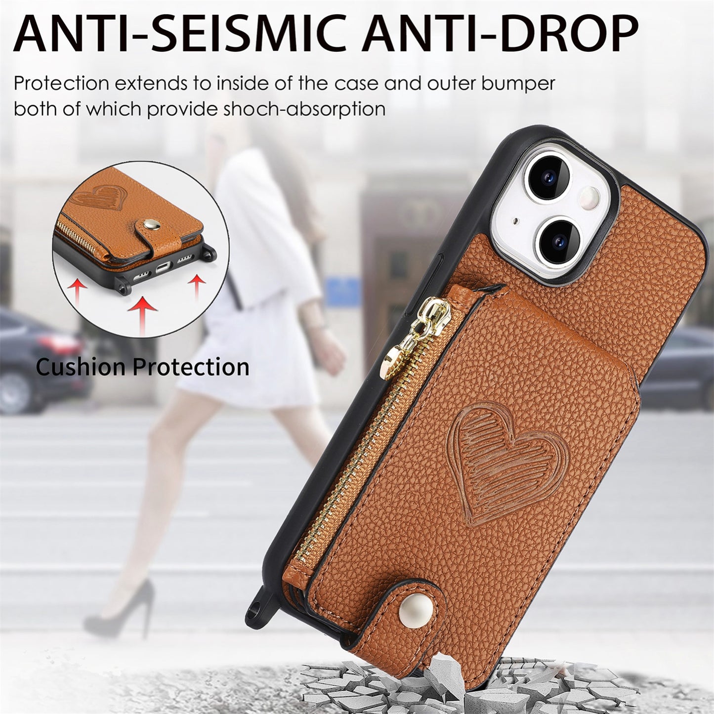 ELECTROPRIME For iPhone 15 Crossbody Love Zipper Leather Back Phone Case(Brown)