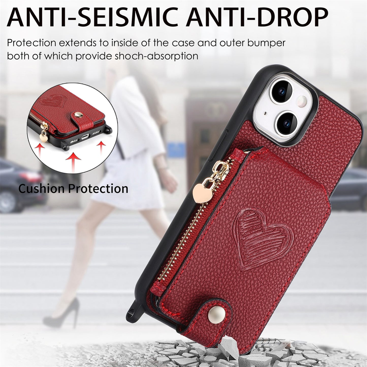 ELECTROPRIME For iPhone 15 Crossbody Love Zipper Leather Back Phone Case(Red)