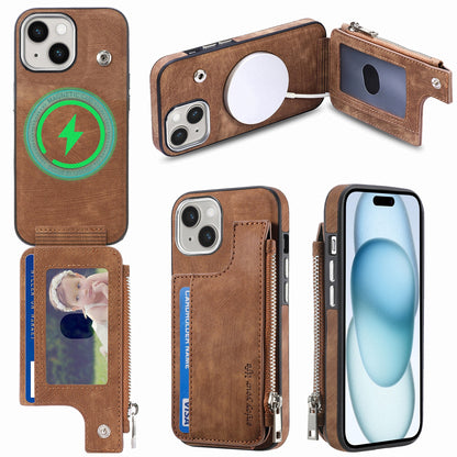 ELECTROPRIME For iPhone 15 Magsafe Zipper RFID Wallet All-inclusive Shockrpoof Phone Case(Brown)