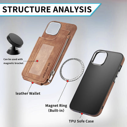 ELECTROPRIME For iPhone 15 Magsafe Zipper RFID Wallet All-inclusive Shockrpoof Phone Case(Brown)