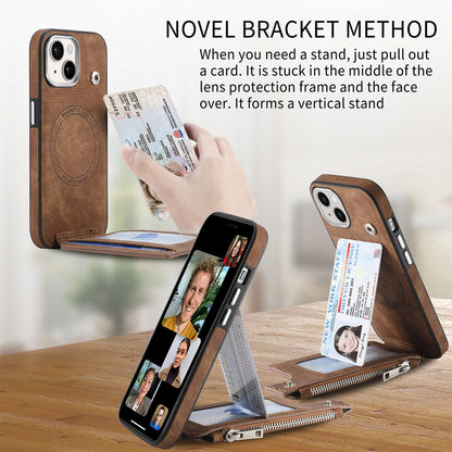 ELECTROPRIME For iPhone 15 Magsafe Zipper RFID Wallet All-inclusive Shockrpoof Phone Case(Brown)