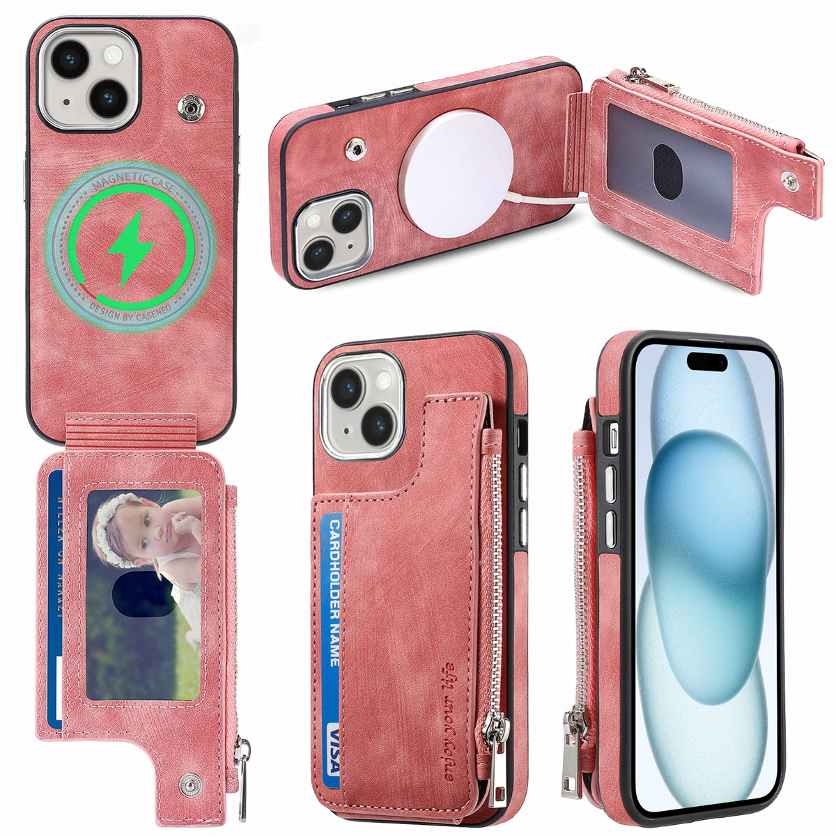 ELECTROPRIME For iPhone 15 Plus Magsafe Zipper RFID Wallet All-inclusive Shockrpoof Phone Case(Pink)