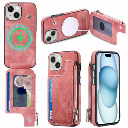 ELECTROPRIME For iPhone 15 Plus Magsafe Zipper RFID Wallet All-inclusive Shockrpoof Phone Case(Pink)