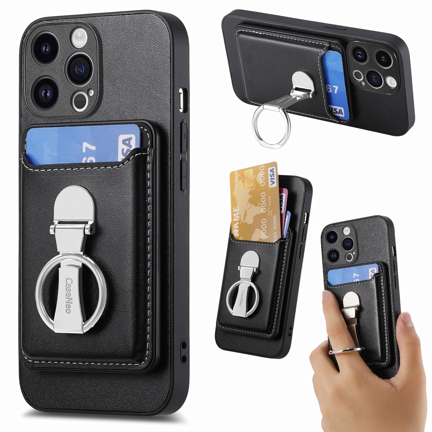 ELECTROPRIME For iPhone 15 Skin Feel Ring Holder Wallet Magnetic Phone Case(Black)