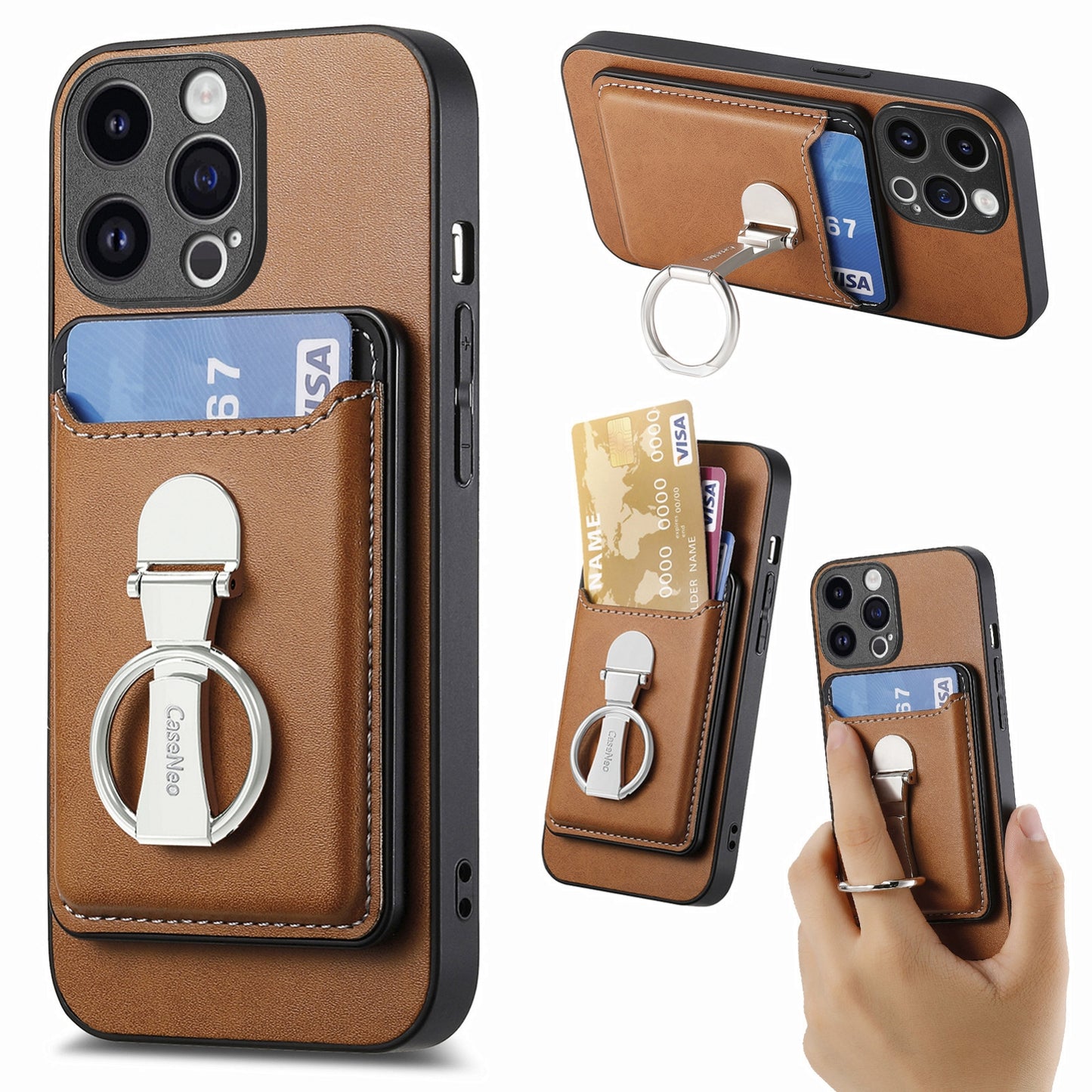 ELECTROPRIME For iPhone 15 Skin Feel Ring Holder Wallet Magnetic Phone Case(Brown)