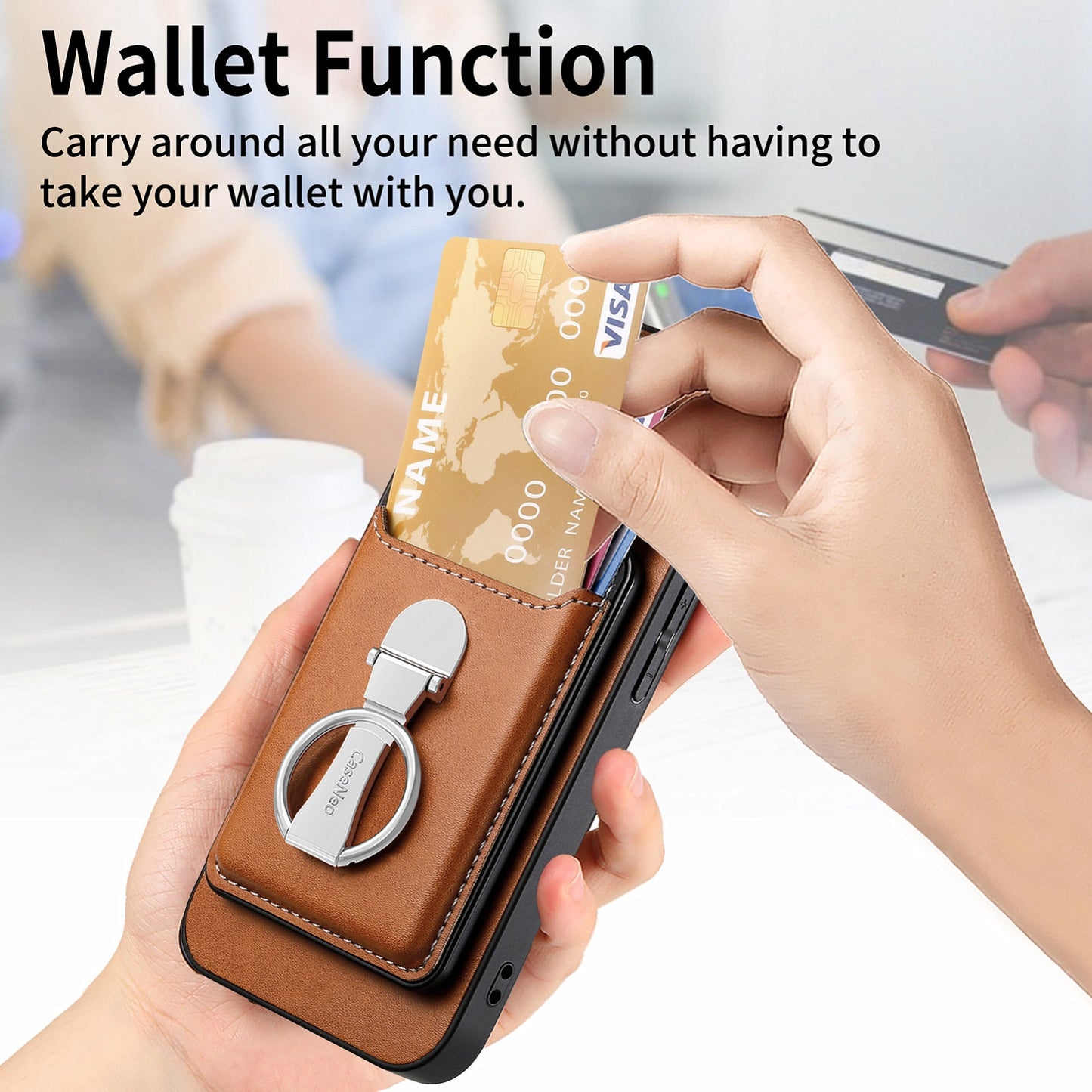 ELECTROPRIME For iPhone 15 Skin Feel Ring Holder Wallet Magnetic Phone Case(Brown)