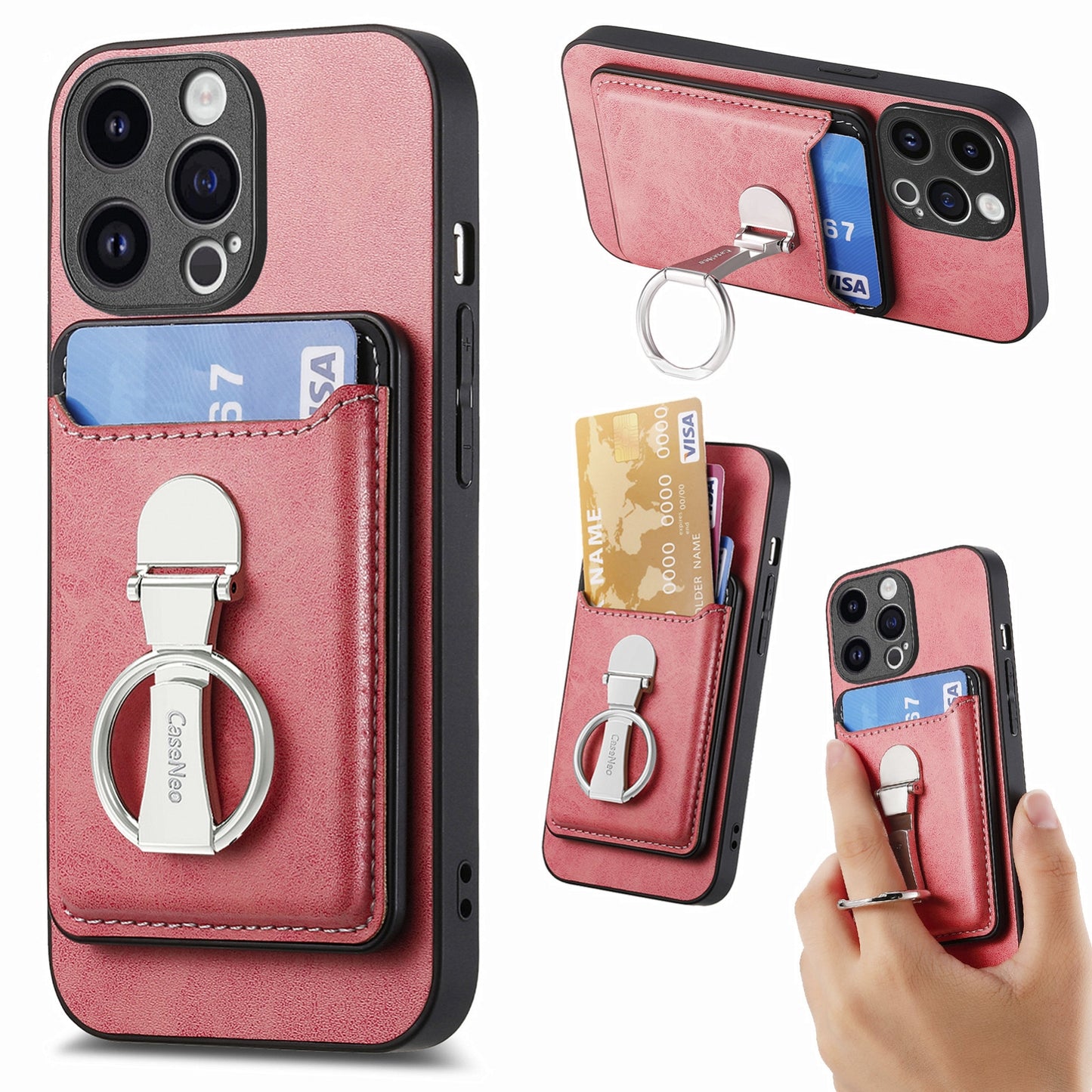 ELECTROPRIME For iPhone 15 Skin Feel Ring Holder Wallet Magnetic Phone Case(Pink)