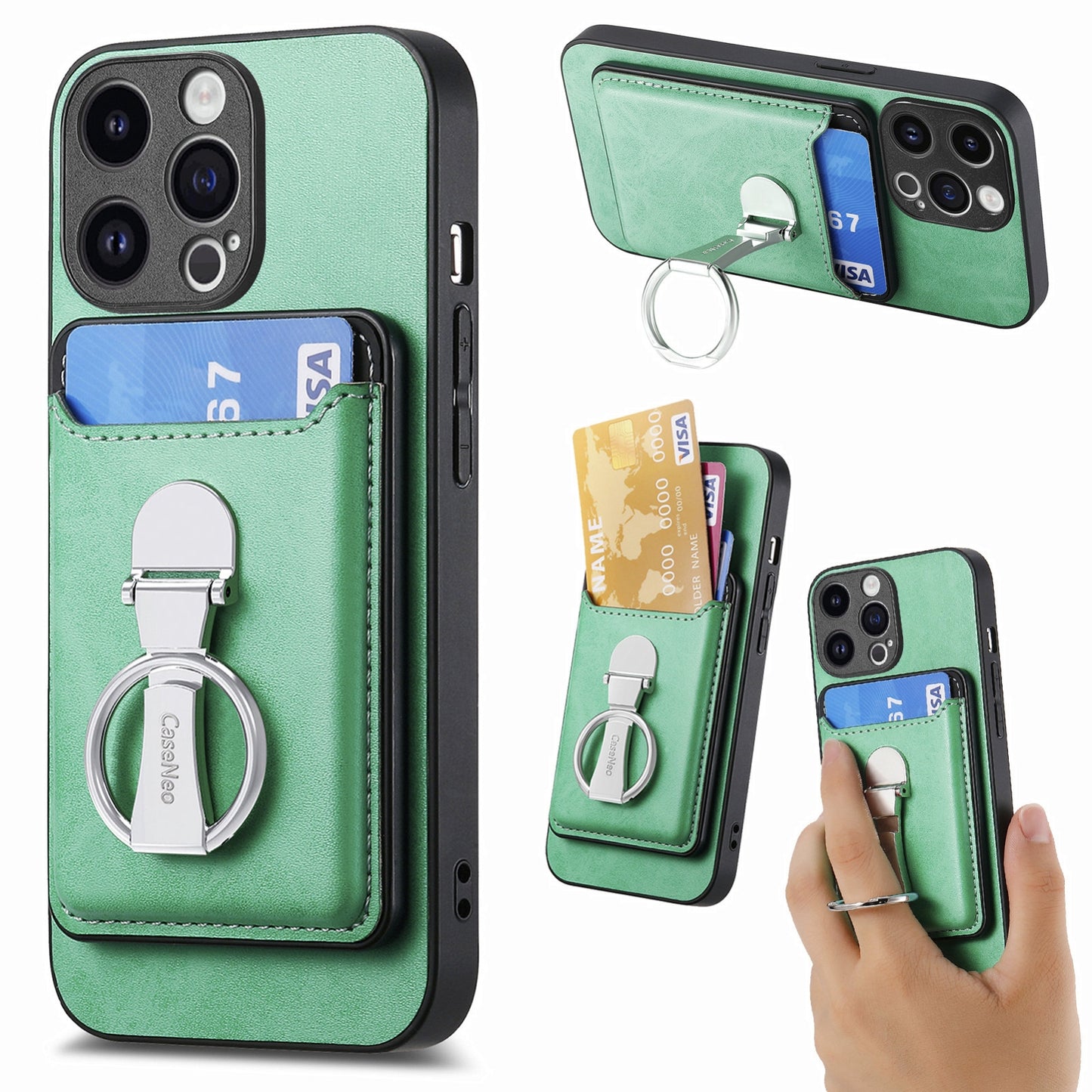 ELECTROPRIME For iPhone 15 Skin Feel Ring Holder Wallet Magnetic Phone Case(Green)