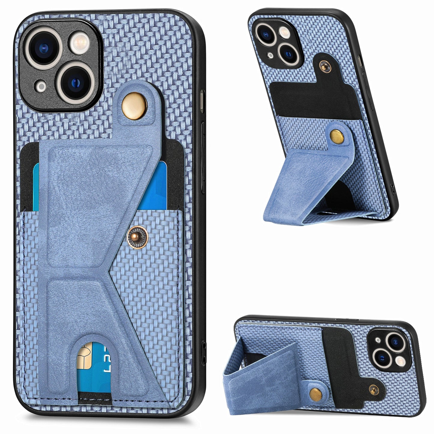 ELECTROPRIME For iPhone 15 Carbon Fiber Wallet Flip Card K-shaped Holder Phone Case(Blue)