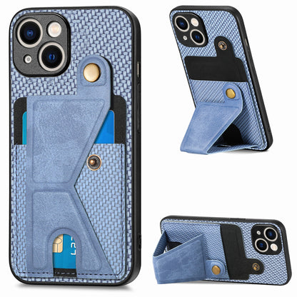 ELECTROPRIME For iPhone 15 Carbon Fiber Wallet Flip Card K-shaped Holder Phone Case(Blue)