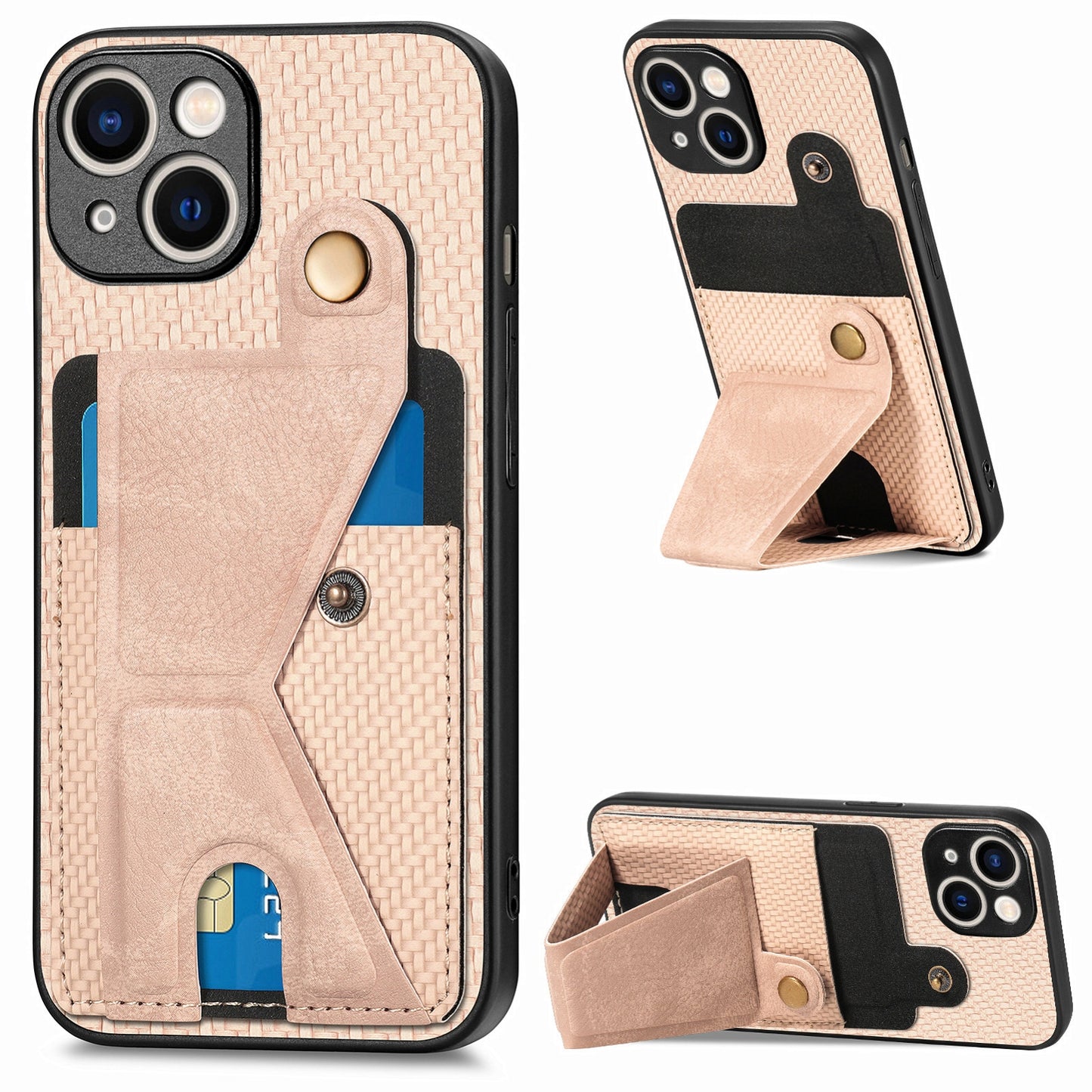 ELECTROPRIME For iPhone 15 Carbon Fiber Wallet Flip Card K-shaped Holder Phone Case(Khaki)
