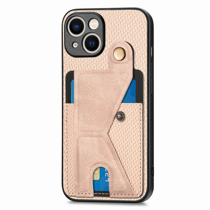 ELECTROPRIME For iPhone 15 Carbon Fiber Wallet Flip Card K-shaped Holder Phone Case(Khaki)