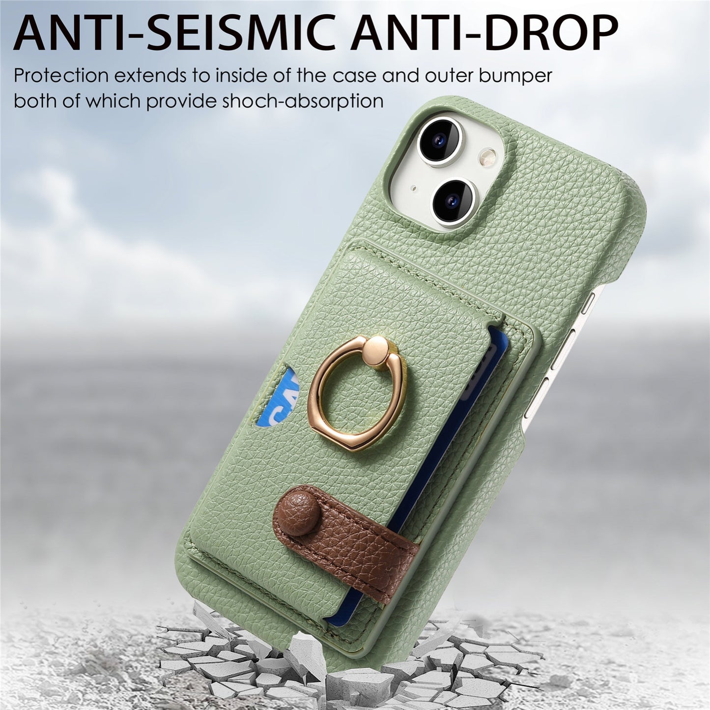 ELECTROPRIME For iPhone 15 Litchi Leather Oil Edge Ring Card Back Phone Case(Tea Green)