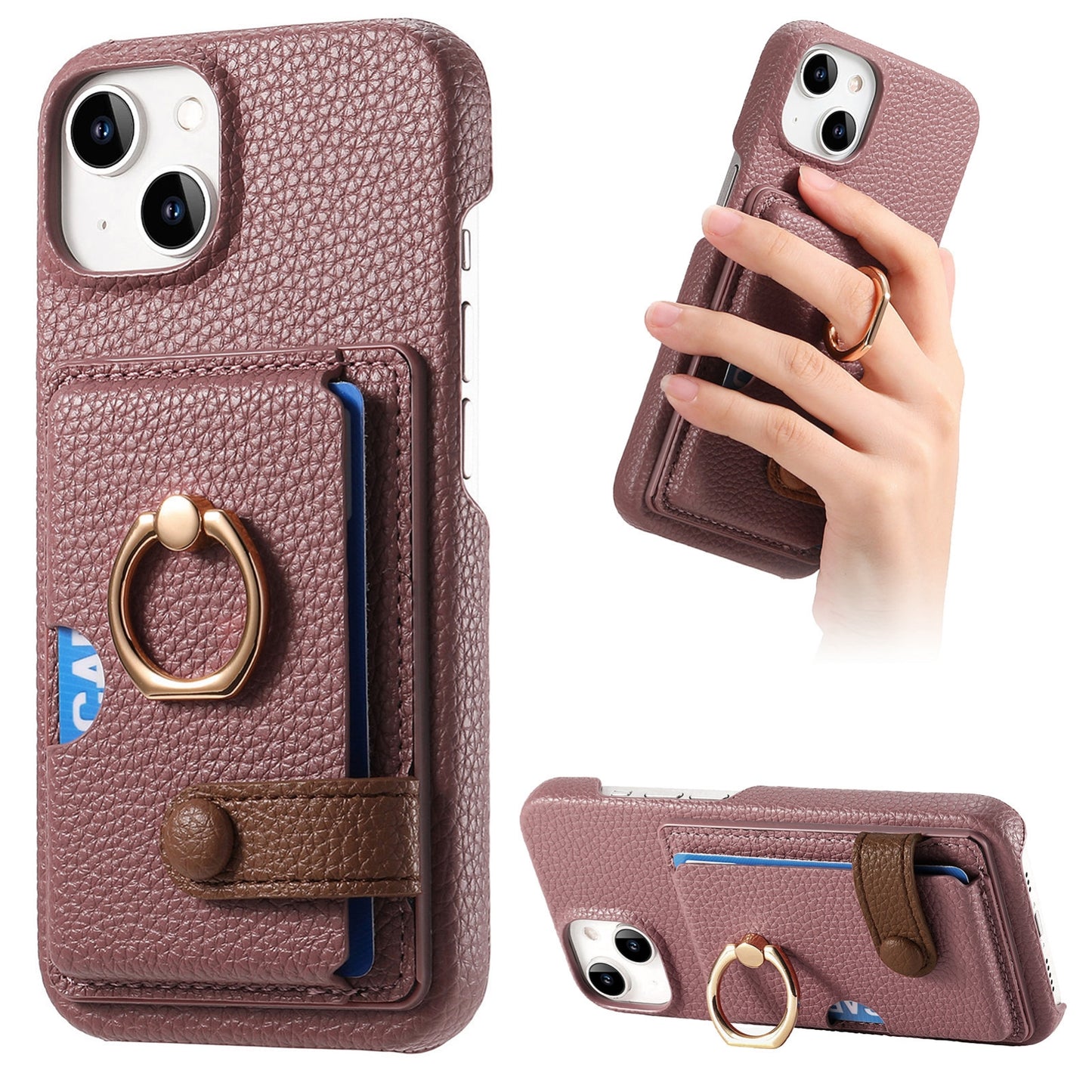 ELECTROPRIME For iPhone 15 Litchi Leather Oil Edge Ring Card Back Phone Case(Jujube apricot)