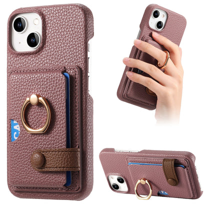 ELECTROPRIME For iPhone 15 Litchi Leather Oil Edge Ring Card Back Phone Case(Jujube apricot)