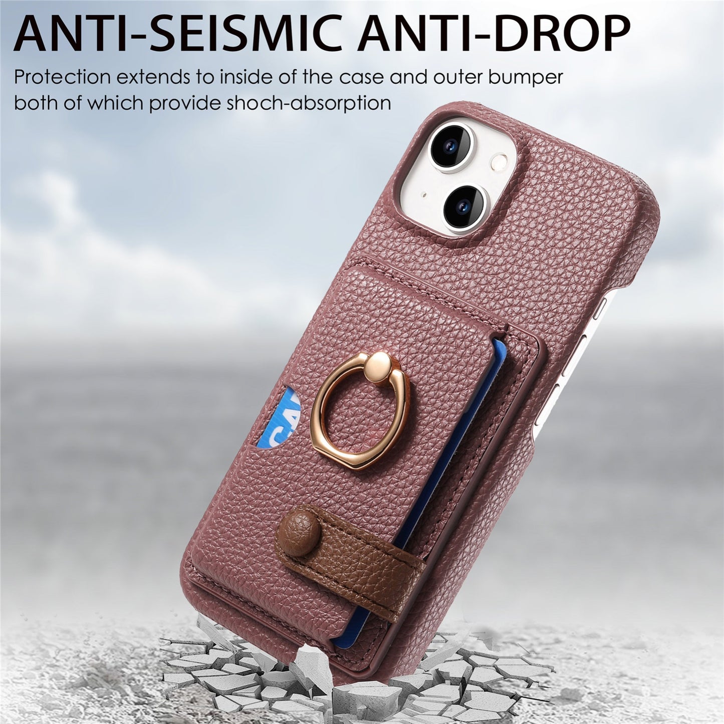 ELECTROPRIME For iPhone 15 Litchi Leather Oil Edge Ring Card Back Phone Case(Jujube apricot)
