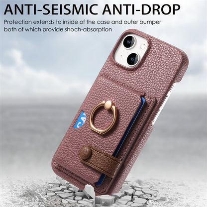ELECTROPRIME For iPhone 15 Litchi Leather Oil Edge Ring Card Back Phone Case(Jujube apricot)