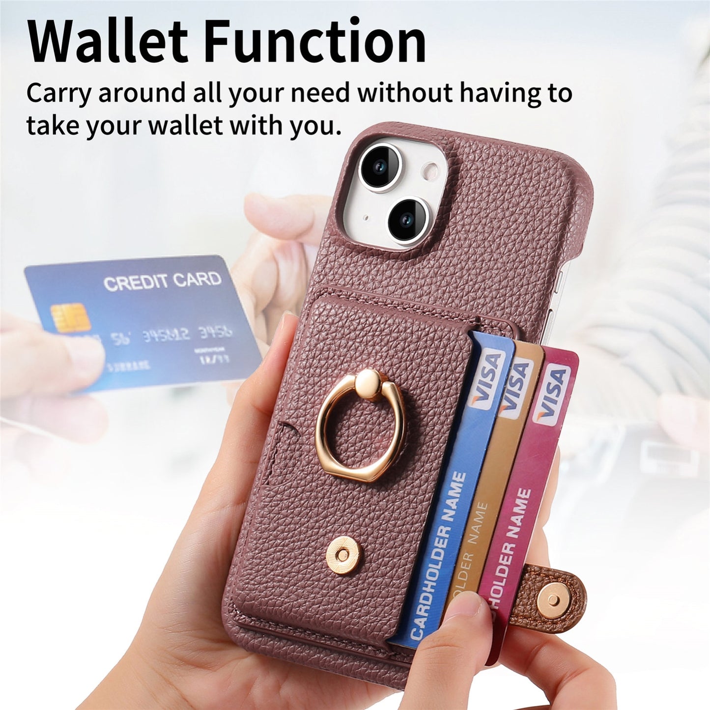 ELECTROPRIME For iPhone 15 Litchi Leather Oil Edge Ring Card Back Phone Case(Jujube apricot)