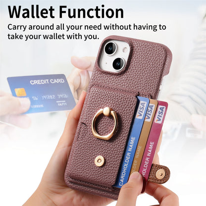 ELECTROPRIME For iPhone 15 Litchi Leather Oil Edge Ring Card Back Phone Case(Jujube apricot)