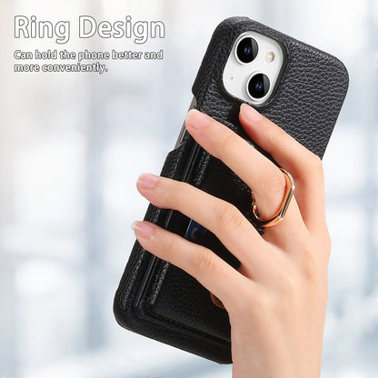ELECTROPRIME For iPhone 15 Litchi Leather Oil Edge Ring Card Back Phone Case(Black)