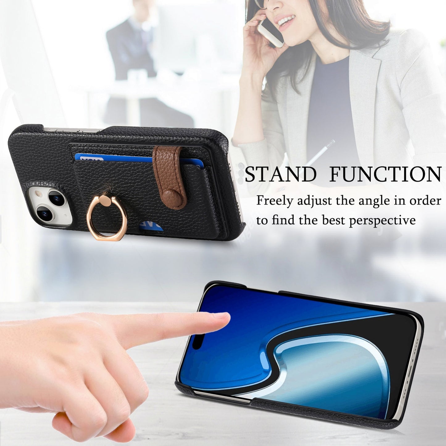 ELECTROPRIME For iPhone 15 Litchi Leather Oil Edge Ring Card Back Phone Case(Black)