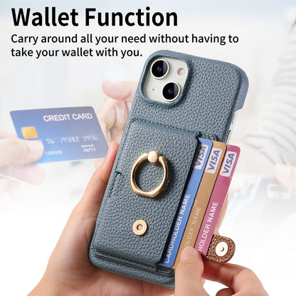 ELECTROPRIME For iPhone 15 Litchi Leather Oil Edge Ring Card Back Phone Case(Light blue)