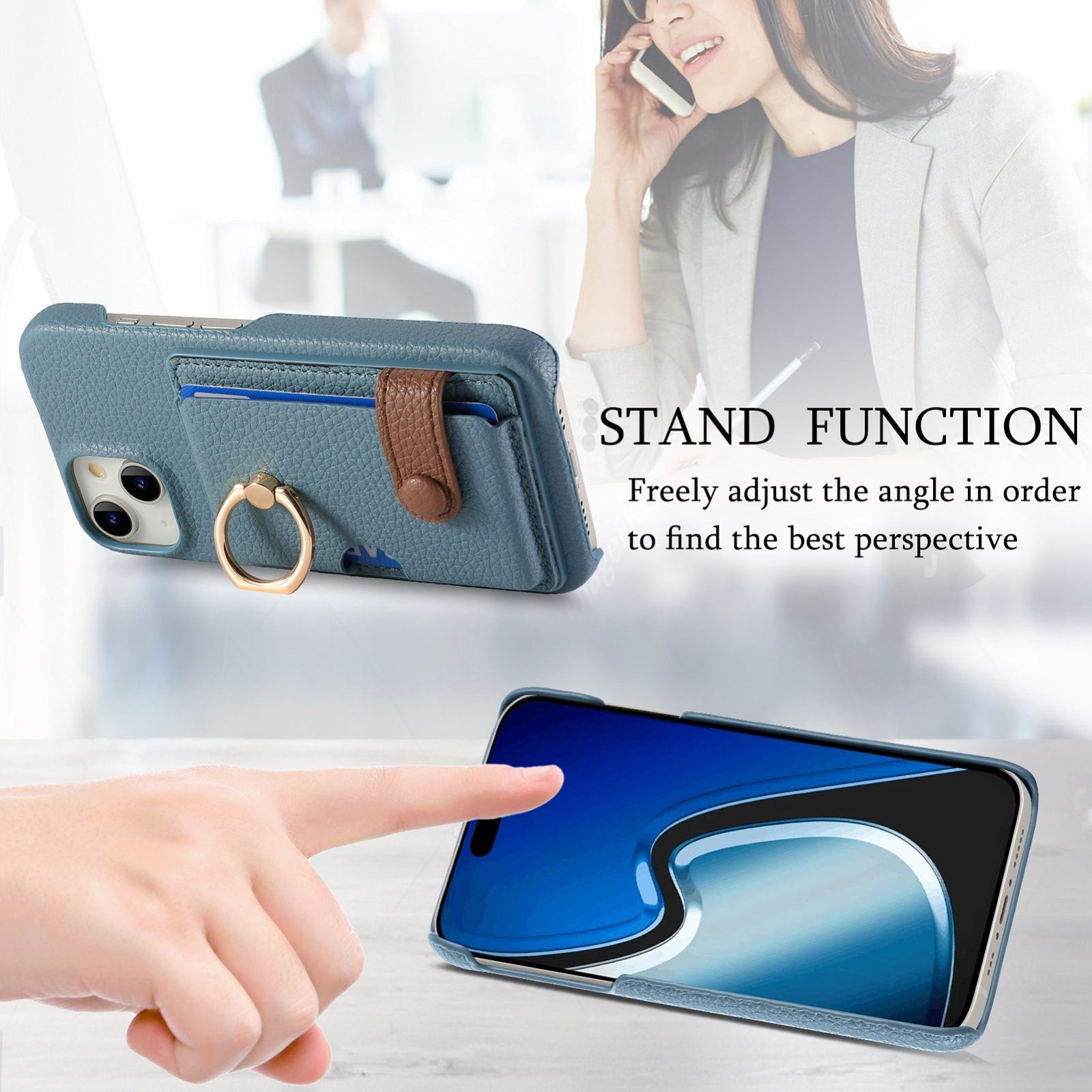 ELECTROPRIME For iPhone 15 Litchi Leather Oil Edge Ring Card Back Phone Case(Light blue)
