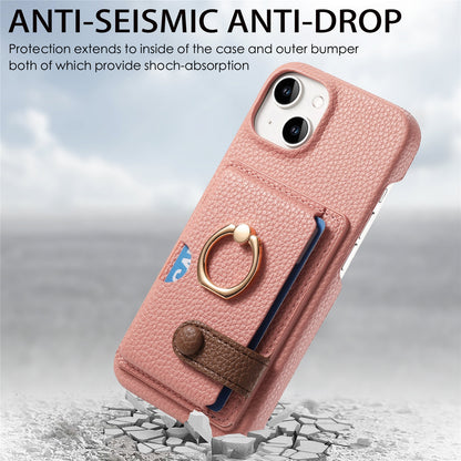 ELECTROPRIME For iPhone 15 Litchi Leather Oil Edge Ring Card Back Phone Case(Pink)